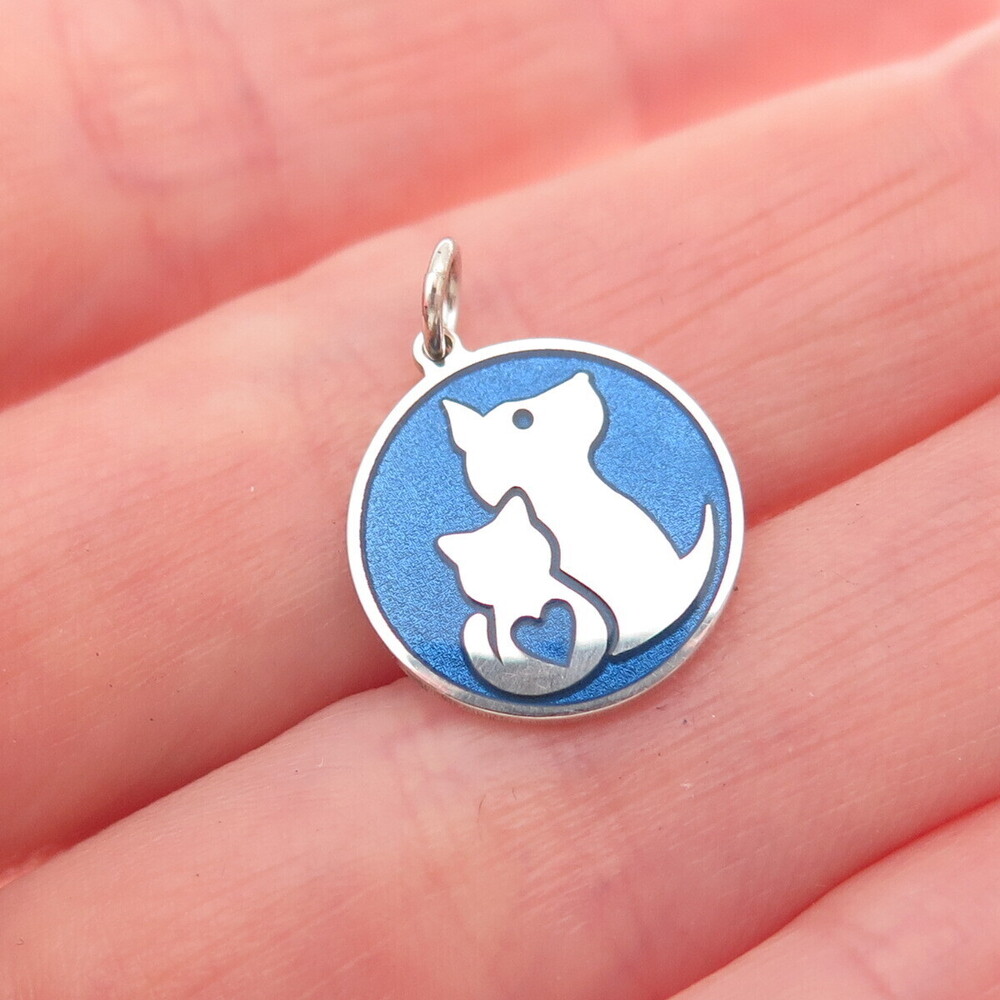 925 Sterling Silver Blue Enamel Dog & Cat Friendship Mini Charm Pendant
